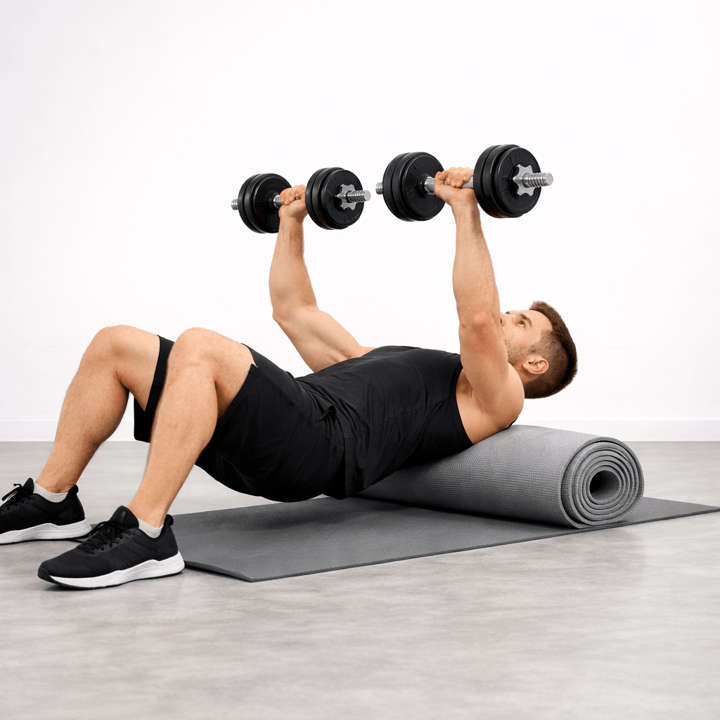 Жим гантелей лежачи на підлозі вдома Жим гантелей лежачи на підлозі вдома